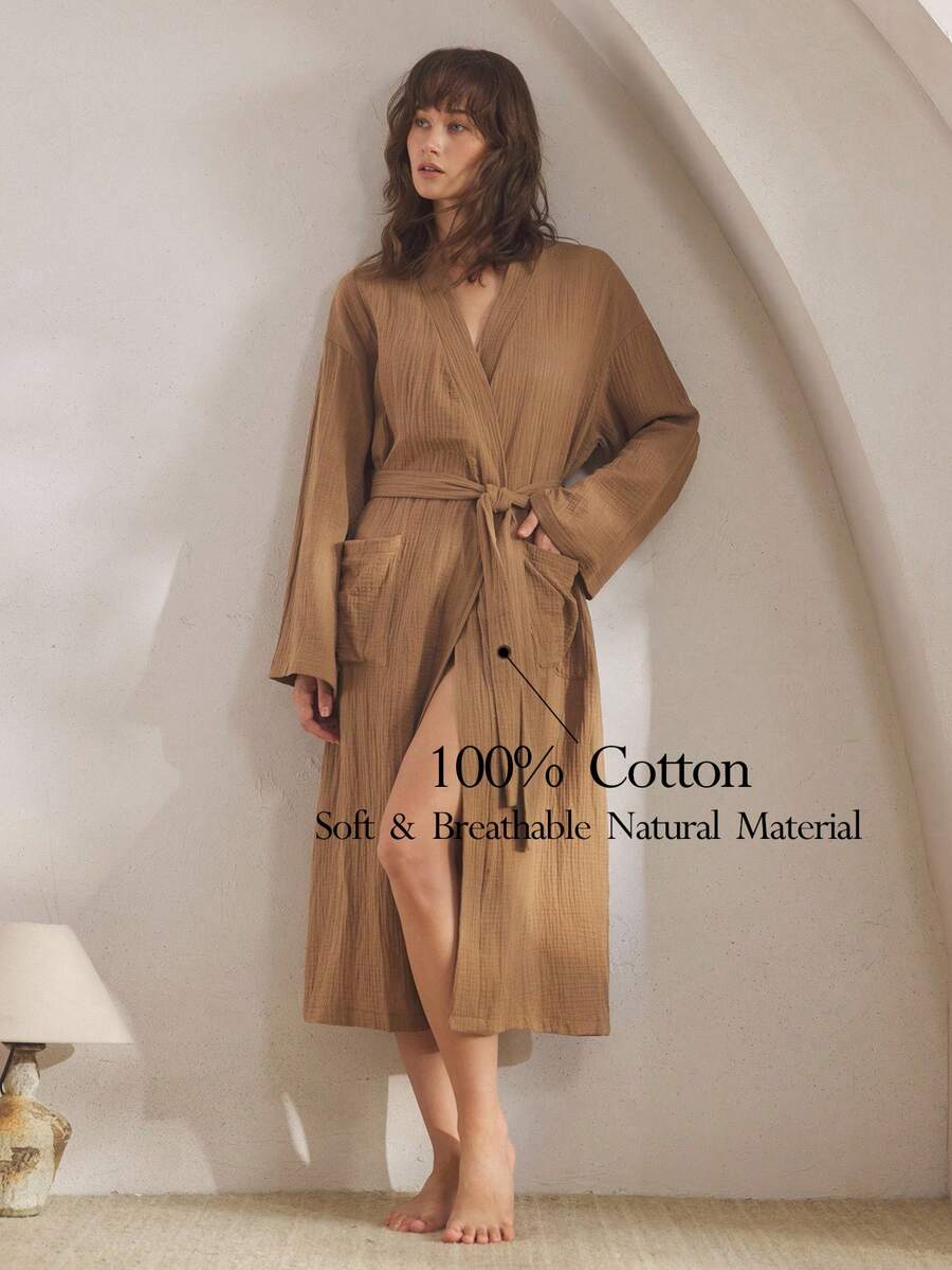 Ocili Áo choàng ngủ lưới hai lớp bằng cotton mềm mại thoải mái dành cho nữ, mùa đông - màu nâu - Xem 1