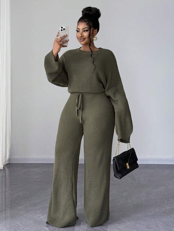 Maweii Plus Size Solid Color Knitted Sweater And Pants Set, Casual For Autumn/Winter