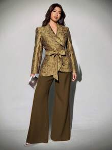 Viva Relle 纹理3D花卉金色腰带蝴蝶结夹克，秋冬 - 金色 - 查看 1