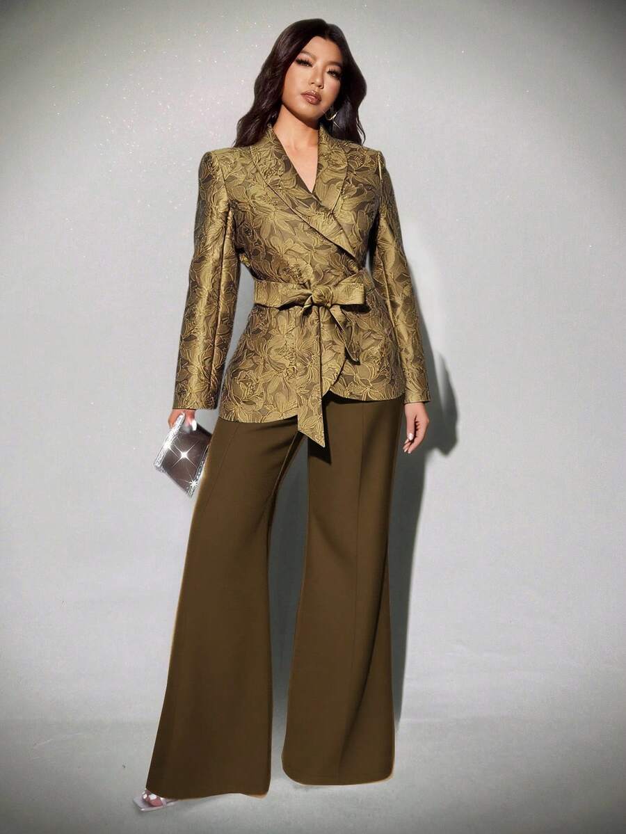 Viva Relle 纹理3D花卉金色腰带蝴蝶结夹克，秋冬 - 金色 - 查看 1