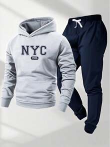 SHEIN 2pcs/Set Teen Boys Casual College Style Navy Blue English Letter Graphic Hoodie And Navy Blue Drawstring Pants Set, Suitable For School, Home, Daily Wear, Sports, Versatile & Minimalist