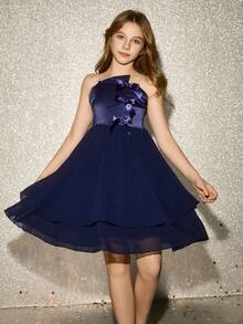 Váy voan xếp tầng không tay nhún eo bằng vải satin thanh lịch cho bé gái tuổi teen, màu xanh navy - Màu xanh hải quân - Xem 6