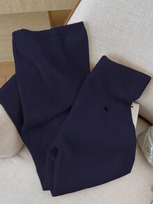 Elamini Quần len dệt kim dài buộc dây thêu màu trắng đa năng cho nữ mặc ngoài trời - Xanh đậm - Xem 5