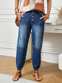 EMERY ROSE Women's Button Front Pocket Casual Denim Jogger Pants Women Jeans Baggy Loose Jeans Elastic Waist Jeans Jeans Women High Waist - Medium Wash - View 3