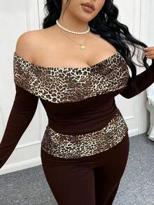CovetEZ Plus Size Autumn Leopard Print Off-Shoulder Fitted Top And Flare Pants 2 Pieces Set,Women Night Out Club Outfit,Brown Classy Curve Bodysuit Set - Brown - View 5