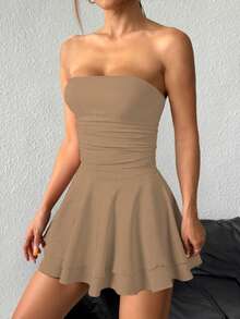 SHEIN PETITE Váy ngắn hở vai gợi cảm họa tiết da báo kèm chân váy xếp ly nhiều lớp - Màu nâu  Mocha - Xem 4