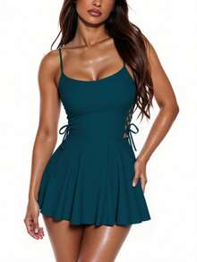 Swim Lushoire Women's Solid Color Side Tie Tankini Top With Swim Shorts, Vacation - Teal Blue - View 3