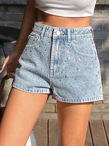 DAZY 女士夏季低腰水钻装饰性感休闲牛仔短裤 Y2k - 淺色水洗藍 - 查看 2