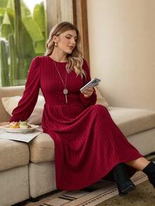 Rosumi Plus Solid Lantern Red With Sleeves Sleeve Ribbed Knit Winter Dress - Burgundy - View 3