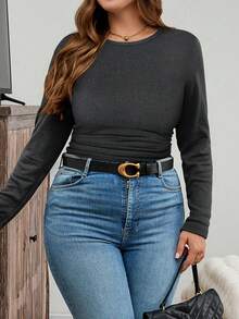 SHEIN LUNE 加大码冬季加厚圆领修身长袖保暖T恤，休闲日常假日穿着 - 灰色 - 查看 3