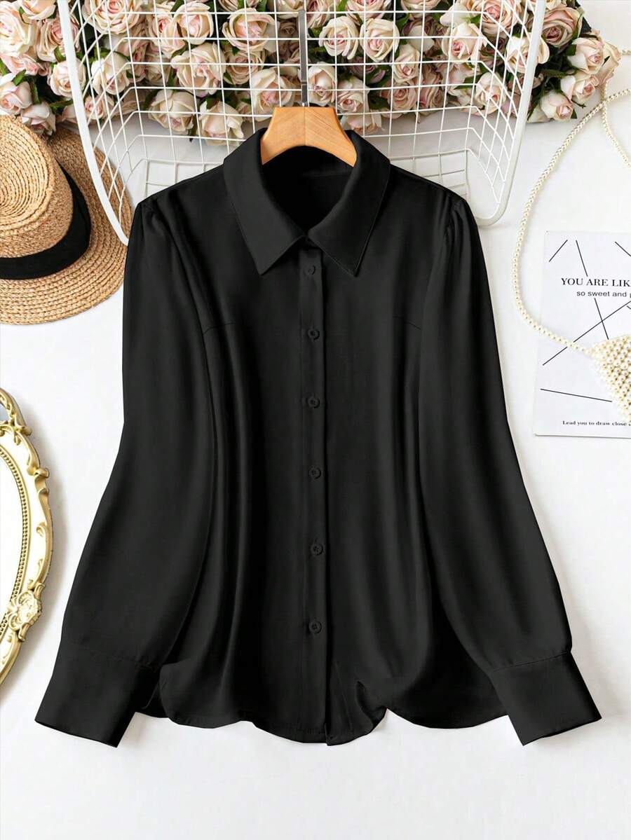 SHEIN LUNE Áo sơ mi nữ tay dài cài nút phía trước, dáng rộng, thường ngày, ngày lễ, áo cánh chắp vá cỡ lớn - màu đen - Xem 1