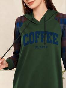 Modelyn Coffee Letter Print Green Plaid Raglan Sleeve Hooded Maxi Dress For Women, Spring/Autumn - Multicolor - View 3