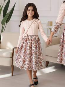 Tween Girls' Floral Print Patchwork Dress With Bow Decor, Autumn - Apricot - View 2