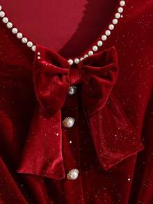 GlowEve Cute Non-Detachable Bowknot, Pearl Decor Round Neck Long Flare Sleeve Buttoned Front Blouse For Women, Suitable For Home, Commute, Outing, Party, Sparkling - Red - View 4