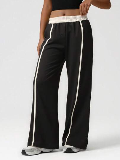 EURMUSE Women's High-Waist Wide Leg Colorblock Track Pants With Contrast Side Stripes, Elastic Waistband, And Relaxed Loose Fit, Casual Sportswear Trousers For Athleisure, Yoga, Running, And Everyday Comfort