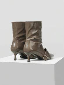 MOTF Giày bốt cao gót mũi nhọn ống thẳng ngắn cổ cao dành cho nữ - Màu Khaki - Xem 8