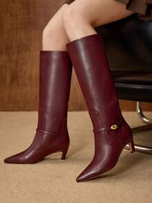 MOTF WOMEN'S FASHION PU LEATHER POINTED TOE KNEE-HIGH BOOTS FOR CHRISTMAS - Burgundy - View 1