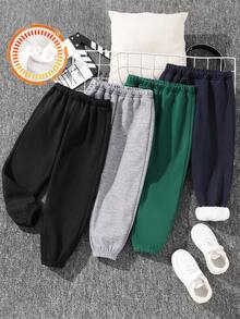 SHEIN 4件套男婴可爱保暖纯色弹力腰保暖内衬裤子，黑、绿、灰、蓝，秋冬百搭下装，适合幼儿园、滑雪户外男婴裤子冬季 - 彩色 - 查看 4