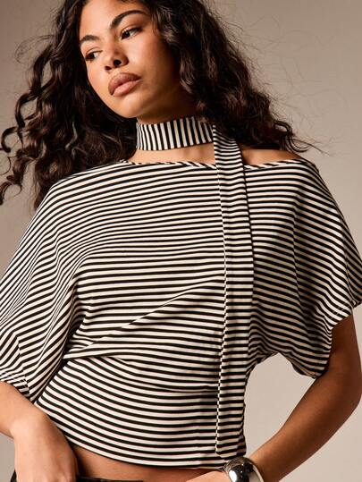 AiiRZ Asymmetric Striped Top With Neck Tie Detail Short Sleeve Off Shoulder Casual Summer Blouse