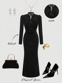Lyxana Fashionable Personalized Party Corduroy & Contrast Lace Draped Neck Maxi Dress - Black - View 3