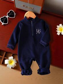 SHEIN 女婴休闲简约字母刺绣长袖连体衣 - 寶藍色 - 查看 2