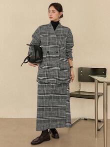 DAZY Ensemble 2 pièces pour femmes, veste ample à col V à carreaux et jupe longue. Ensembles de détente décontracté et élégants pour femmes - Noir et Blanc - Voir 6