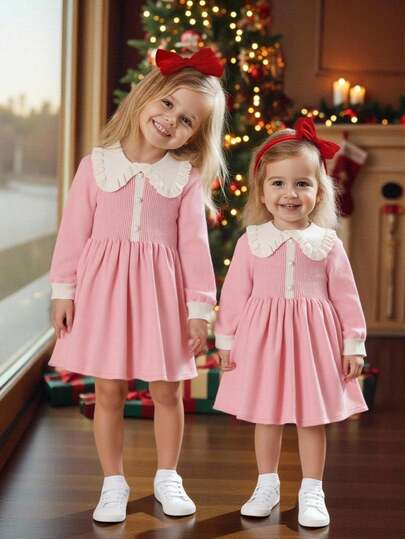 SHEIN Young Girl Contrast Color Peter Pan Collar Casual Sweater Dress