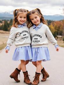 SHEIN A Long-Sleeved Casual Lapel Fake Two-Piece Dress In A School Style, With Letter Prints And Striped Shirt Fabric, Patchwork, Suitable For Girls Aged 4 To 7, Suitable For Daily And Festival Wear, Suitable For Spring And Autumn