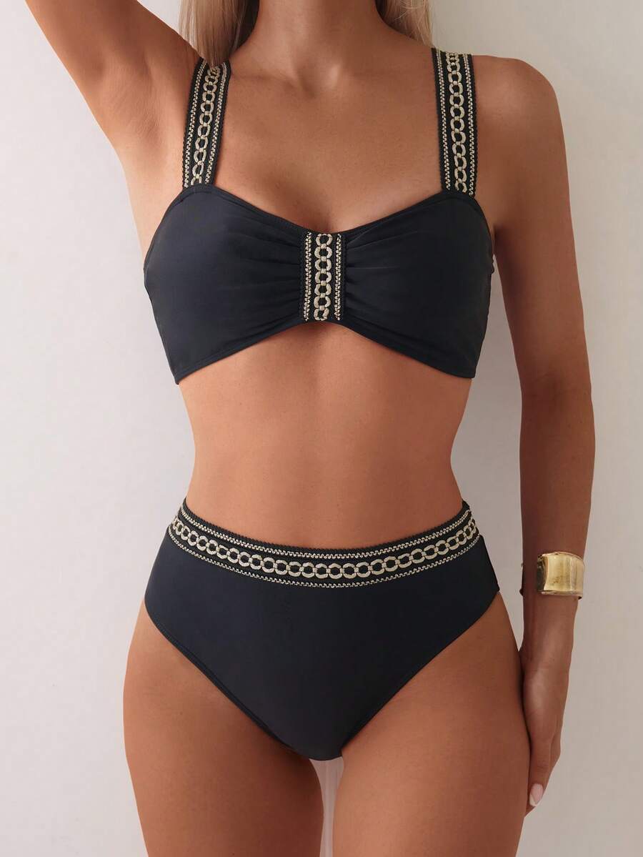 SHEIN Swim Summer Sexy V-Neck Bikini Top And Triangle Bottom Set, Suitable For Beach And Swimming Pool,Summer Beach - Black - View 1