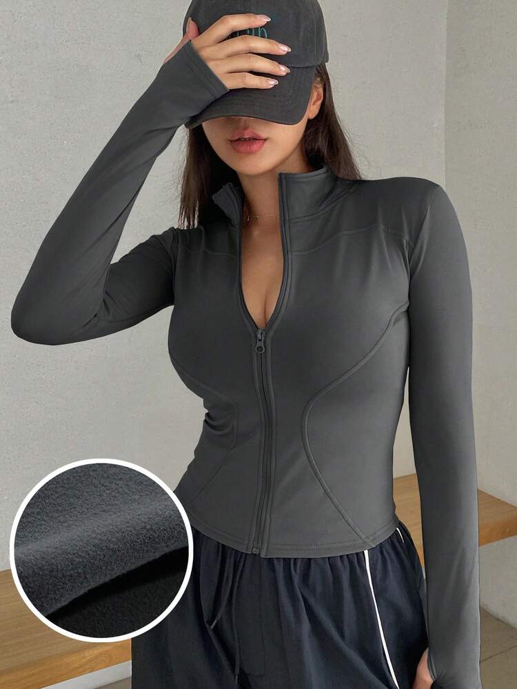 Women's Solid Color Long Sleeve Zip-Up Collar Slim Fit Thin Fleece Jacket Fall,Winter