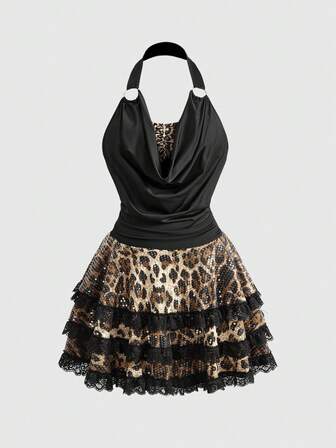 Goth Abito da festa con paillettes a stampa leopardata, taglia comoda, Abito a collo alto con stampa leopardata, taglia comoda, Abito da festa di Natale, regalo, Abito corto e sexy, taglia comoda