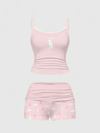 Kawaii Ensemble pyjama avec débardeur en dentelle à imprimé lapin mignon et short froncé, tenue de détente casual