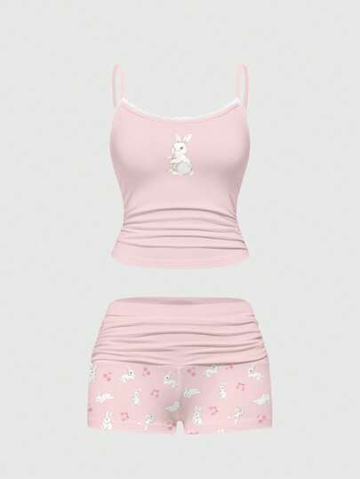 Kawaii Conjunto de pijama con camiseta de encaje con estampado de conejitos y pantalones cortos fruncidos, ropa de estar en casa informal