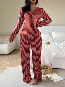 SHEIN 女士针织休闲宽松条纹印花上衣和裤子套装，秋冬服装 - 紅色 - 查看 4