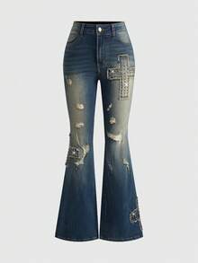 ROMWE Grunge Punk Quần jeans ống loe ôm vừa vặn phong cách Y2K Retro Millennium Baddie Cross Stud thiết kế rách dành cho nữ - Màu xanh lam - Xem 1