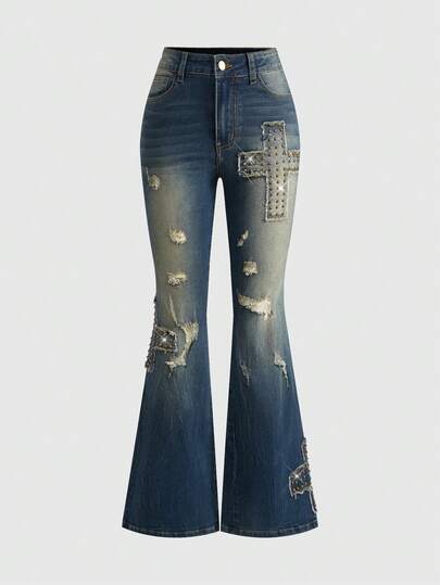 Grunge Punk Jeans évasés slim pour femmes avec design croisé rétro Y2K Millennium Baddie et effet délavé