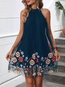 Breezaya Floral Embroidery Mesh Overlay Halter Dress Vacation Beach Outfits Women - Navy Blue - View 5