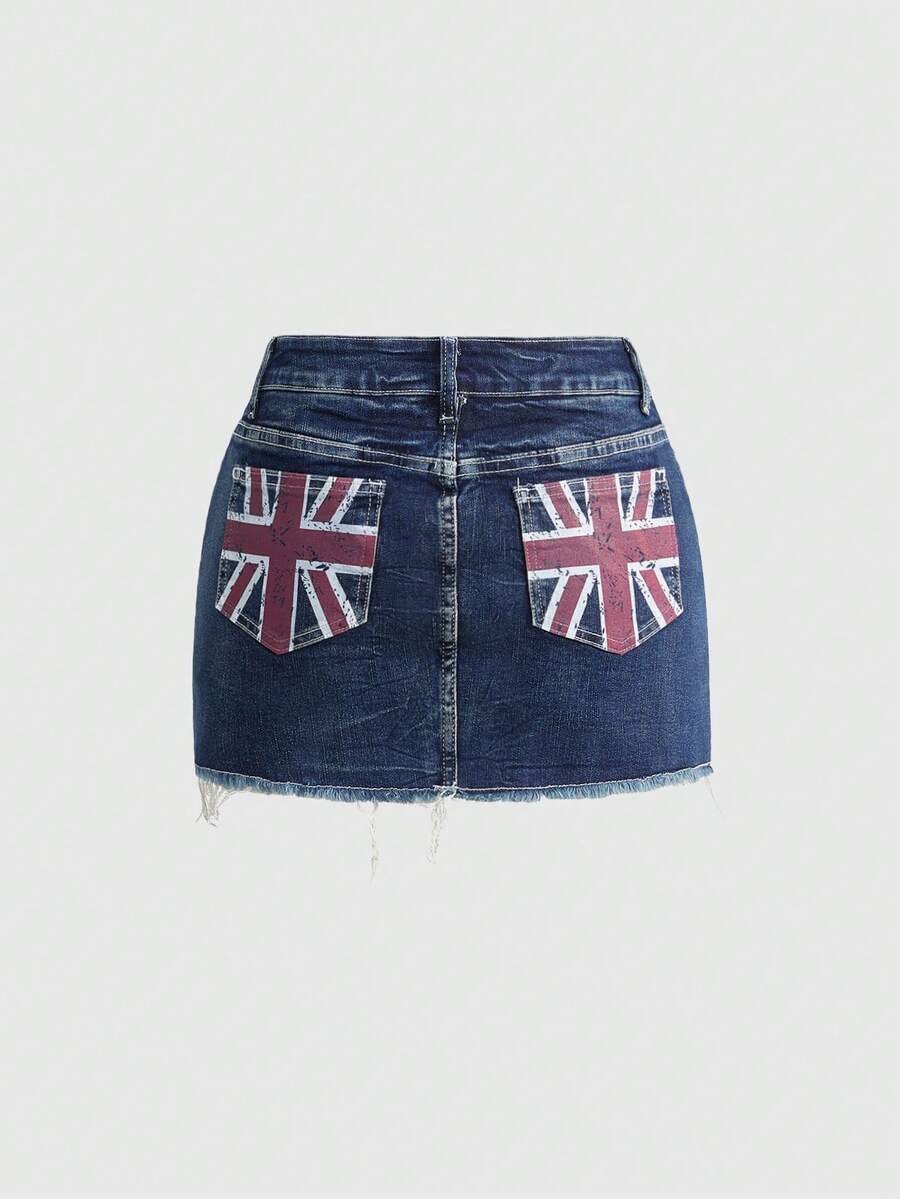 ROMWE Grunge Punk Y2K复古水洗口袋英国国旗印花超低腰牛仔迷你裙 - 藍色 - 查看 1