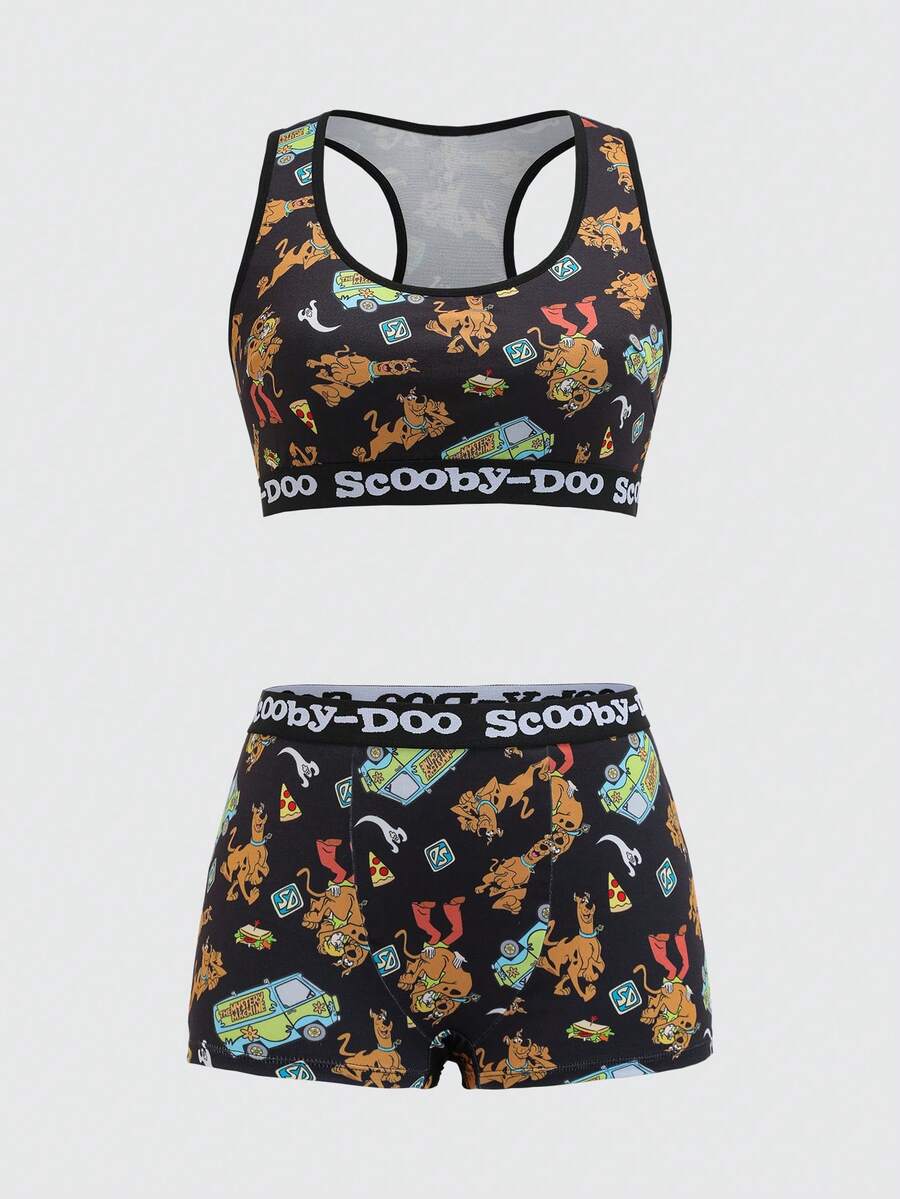 SCOOBY-DOO X SHEIN Plus Size Women Cartoon Letter Graphic Elastic Band Crisscross Back Bra And Boxy Panty Set - Black - View 1