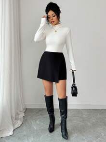 Elenzga 不对称下摆优雅短款羊毛混纺半身裙，女士休闲冬季半身裙，时尚黑色半身裙 - 黑色 - 查看 6