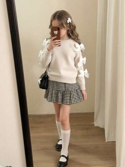 Suéter de gola redonda grosso com estampa de aveia para meninas (pequeno), manga comprida com decoração de laço 3D, macio e confortável, adequado para uso diário, atividades ao ar livre, viagens, férias, casa, creche e brincadeiras infantis