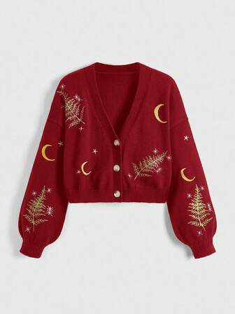 J-Fashion Cárdigan casual holgado de mujer con bordado de planta y luna, de una sola hilera, de manga larga y hombros caídos