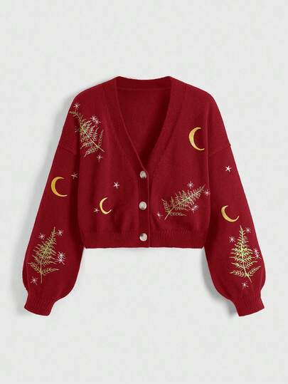 J-Fashion Women's Plant & Moon Embroidery Single-Breasted Casual Loose Cardigan With Drop Shoulders, Long Sleeve