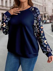 EMERY ROSE Plus Size Women Floral Print Patchwork Raglan Sleeve Casual Loose Sweatshirt/Winter - Navy Blue - View 6