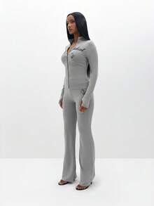 BABYPHAT Áo thun dài tay có khóa kéo in chữ và họa tiết gân cho trang phục thường ngày - Xám - Xem 4