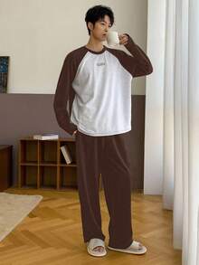 Men's Autumn Patchwork Color Block Graphic Tee And Elastic Waist Pants Loungewear Set, Multi-Color - Brown - View 4