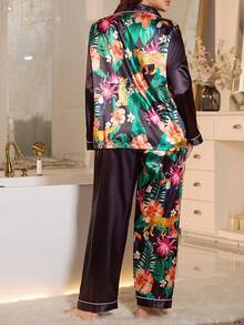 LuxeNights Plus Size Mature Elegant Leopard & Floral Colorblock Satin Robe & Pajama Set Satin Sleepwear Set Silky Pajama Set Satin Pajama Set Silk Robe Set Sleep Wear Women Silk, Fall & Winter Clothes - Multicolor - View 2