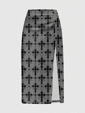 Goth Dark Mysterious Ruched Cross Baroque Vine Print High Slit Skirt For Women