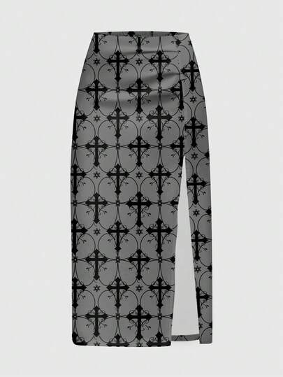 Goth Dark Mysterious Ruched Cross Baroque Vine Print High Slit Skirt For Women