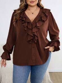 SHEIN CURVE+ Camicia da donna con volant, taglia comoda, adatta per le vacanze - Castano - Visualizzare 3